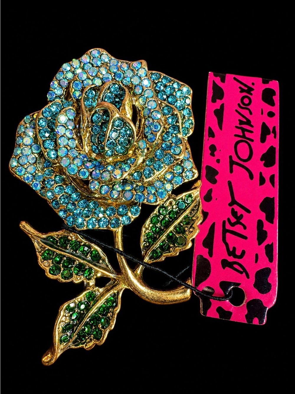 Betsey Johnson Blue and Green Crystal Rose Brooch with Gold Tone